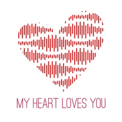  Template greeting card for Valentine's Day with a heart of red and white bars, with the inscription