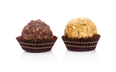 Chocolate balls on white background