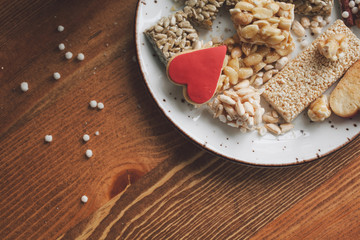 Serving table for breakfast at Valentines Day.
