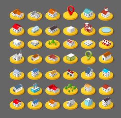 Isometric vector 3D icon city buildings for infographic concept set which includes house, offices homes shop stores, supermarkets and industrial elements