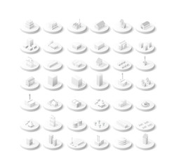 Isometric vector 3D icon city buildings for infographic concept set which includes house, offices homes shop stores, supermarkets and industrial elements