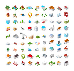 Isometric vector 3D icon city buildings for web concept set which includes house, crane, homes shop stores, supermarkets and industrial elements