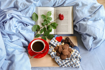 Festive breakfast in bed concept.