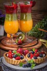 Fresh homemade fruit tart with strawberries and blueberries.