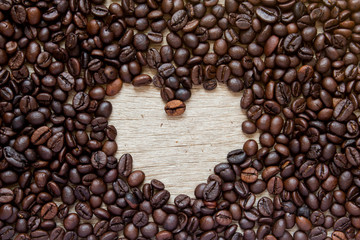 Coffee bean with blank space as heart shape background