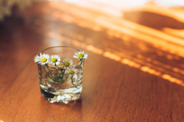 Small daisies in glass vase on a wooden background.