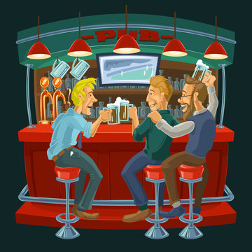 Cartoon illustration of friends drinking beer in a bar