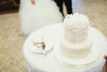 Beautiful stylish wedding cake in the restaurant
