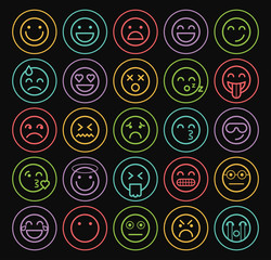 Set of Quality Universal Standard Minimal Simple Color Thin Line Emoticons on Circles on Black Background
