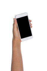 Fototapeta na wymiar Woman Hand holding mobile smart phone with blank screen. Isolate