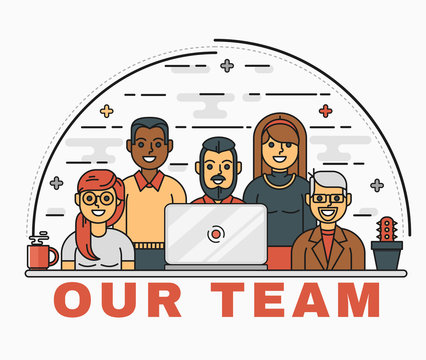 Vector line art illustration of a business team