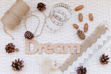 Workspace  with cones, acorns, a rope and other elements