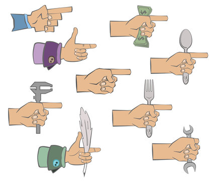 hand holding dollars , wrench, a spoon, a fork, a quill pen and the tool. It shows a finger forward. Silhouette