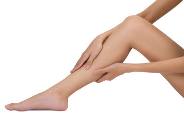 woman holding leg with massaging her shin and calf in pain area, Isolated on white background.