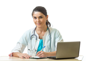 Doctor woman with laptop isolated