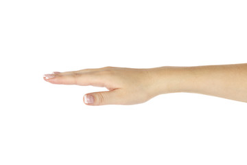 Empty female hand on white background.