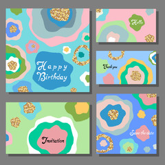 Set of artistic colorful universal cards. Wedding, anniversary, birthday, holiday, party. Design for poster, card, invitation.