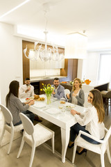 Young friends having dinner at home and toasting with white wine
