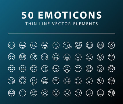 Set of 50 Minimal Thin Line Emoticons Icons on Dark Background . Isolated Vector Elements 