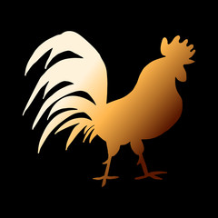 Golden rooster on black background. Silhouette of rooster