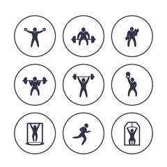Gym, fitness exercises icons in circles over white, workout, training, bodybuilding, weightlifting, vector illustration