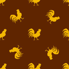 Seamless pattern with golden roosters on brown background