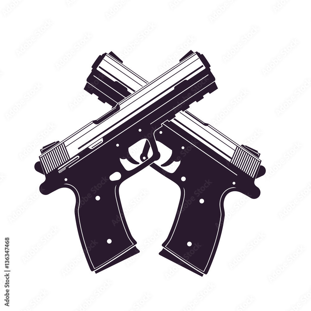 Poster modern pistols, two crossed handguns isolated over white