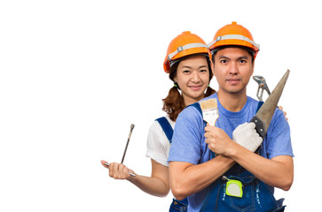Fototapeta premium funny happy asian couple with repairing tools, isolated on white for Home Improvement, Renovation Set and DIY concept