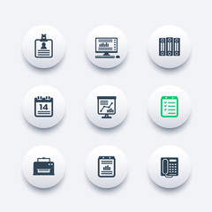 office icons set, documents, reports, folders, schedule, calendar, fax, printer, vector illustration