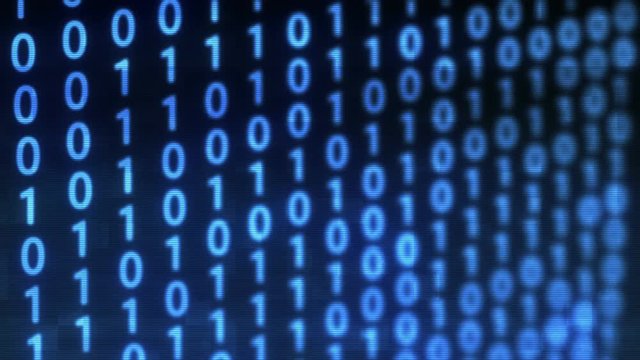 Technological Digital binary data glitch background with representation of binary code. Binary digits 1 and 0 in different configurations on blue background. Animation.