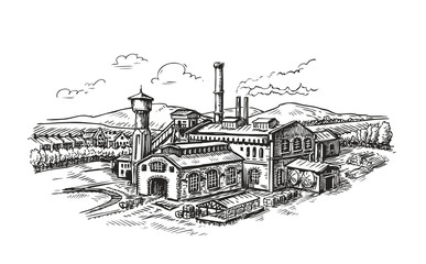 Industrial plant, factory sketch. Vintage building vector illustration