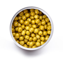 Peas in a tin can isolated on white