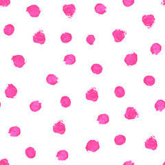 Różowy, magenta akwarela ręcznie malowane polka dot wzór na białym tle. Akrylowe koła, konfetti okrągłe tekstury. Abstrakcjonistyczna ilustracja dla tkaniny tkaniny, projektuje kartka z pozdrowieniami. - 136348251