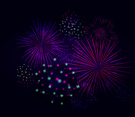 Brightly Colorful Fireworks on black background. Vector illustration