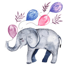 Cute illustration with baby elephant and balloons