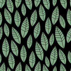 Stylish leaves on black background. Seamless pattern. Hand drawn vector illustration. Nature Wrapping paper. 