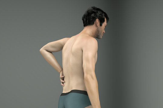 3D Illustration of a man holds for a sore back
