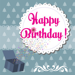 Colorful birthday greeting and the text Happy Birthday written with pink letters on a white rounded decoration