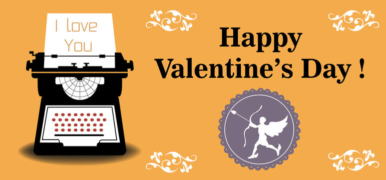 Abstract colorful background with typing machine writing a love letter and the text Happy Valentine`s Day written in black near the typing machine