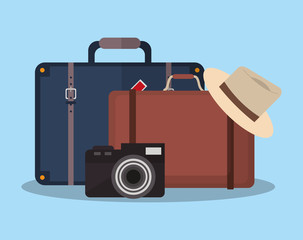 briefcases, camera and hat icon over blue background. travel and tourism concept. colorful desing. vector illustration