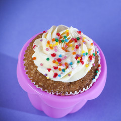 Cupcakes with white cream on the blue background,