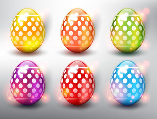 Set of 6 color Easter Eggs. Design elements for holiday cards. Easter collection. Colorful, glossy and isolated with realistic light and shadow on the light panel. Vector illustration. Eps10.