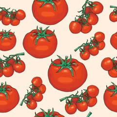 Seamless pattern of tomato. Background for wrapping paper and sales packages. Hand drawn vector illustration