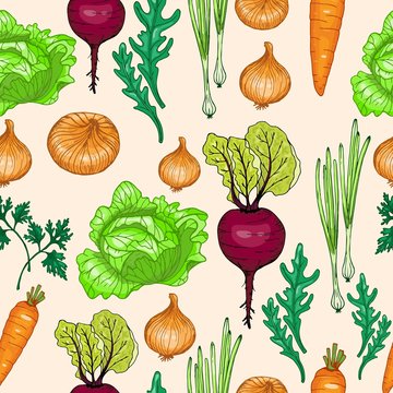 Seamless pattern of vegetables. Background for wrapping paper and sales packages. Hand drawn vector illustration