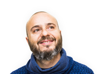Handsome, bald man with beard on white background
