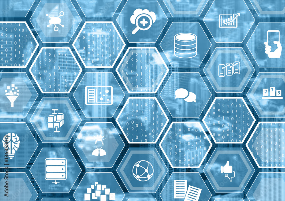 Poster big data concept as blurred background with hexagon shapes and symbols