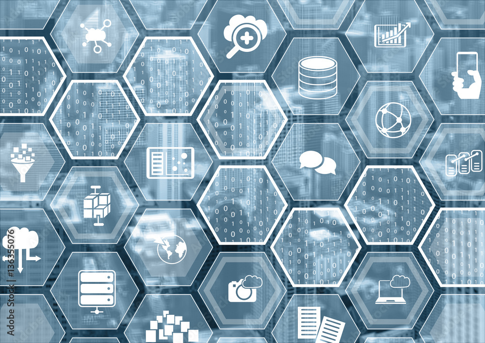 Poster cloud computing blue blurred background with hexagon shapes and symbols