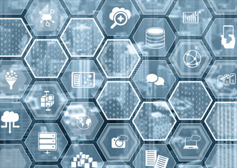 Cloud computing blue blurred background with hexagon shapes and symbols