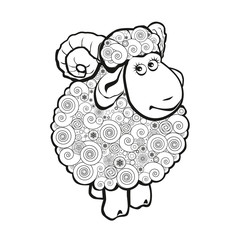 Funny sheep line icon, linear pictogram isolated on white background. Silhouette of the sheep. Cartoon illustration of funny ram for coloring book.