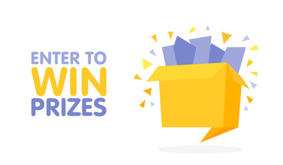 Enter to win prizes gift box. Cartoon origami style vector illustration